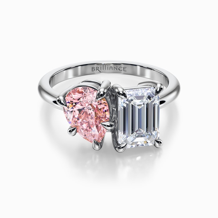 Toi et Moi Emerald and Fancy Pink Pear Lab Diamond Ring in White Gold