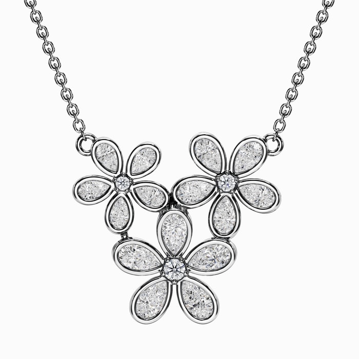 Bezel Pear and Round Lab Diamond Floral Pendant in White Gold