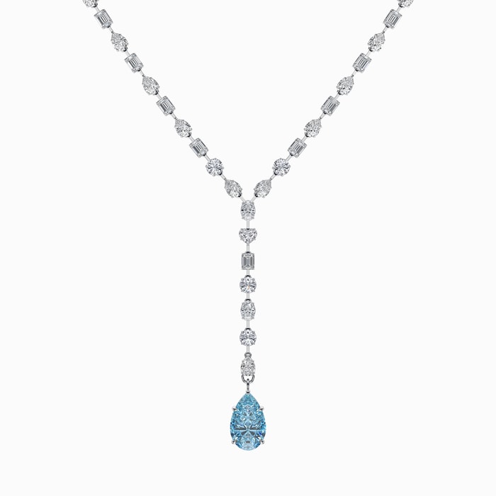 Fancy Blue and White Lab Diamond Y Necklace in White Gold