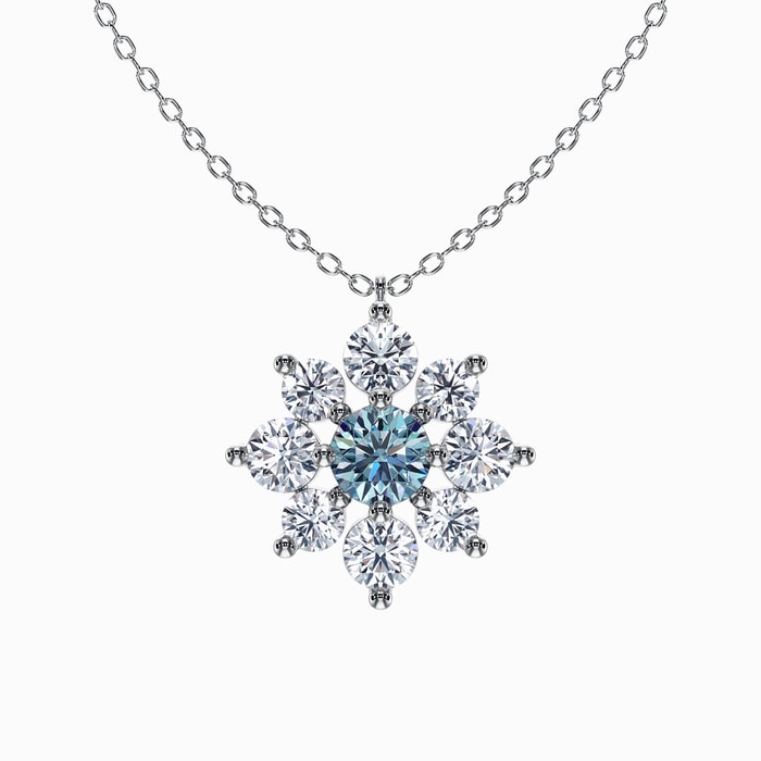 Fancy Blue and White Round Lab Diamond Flower Cluster Pendant in White Gold (1.20 Carat)