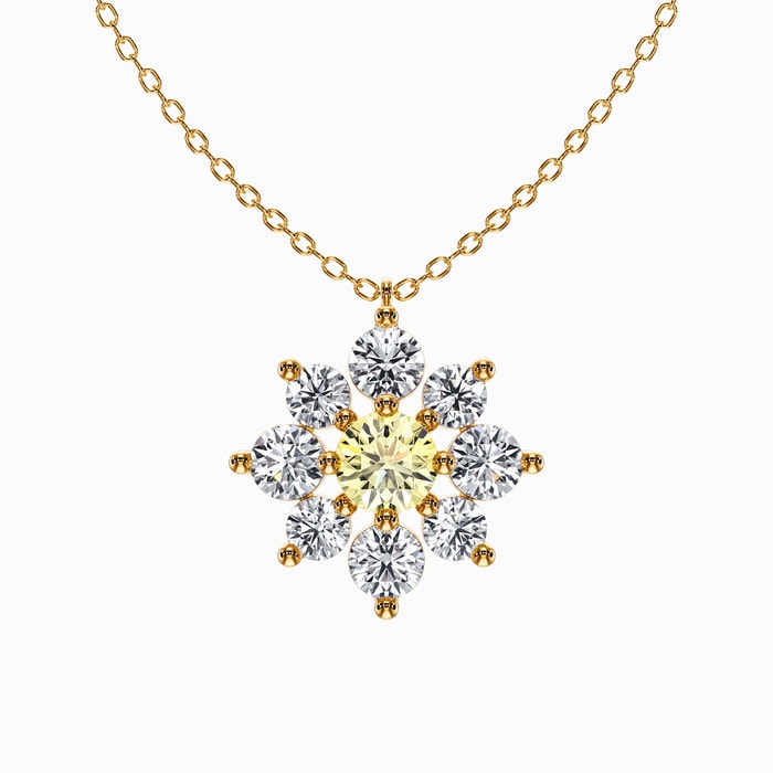 Fancy Yellow and White Round Lab Diamond Flower Cluster Pendant in Yellow Gold (1.20 Carat)