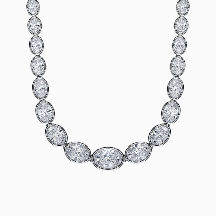 Graduated Lab Diamond Oval Bezel Tennis Necklace in White Gold (22 Carat)