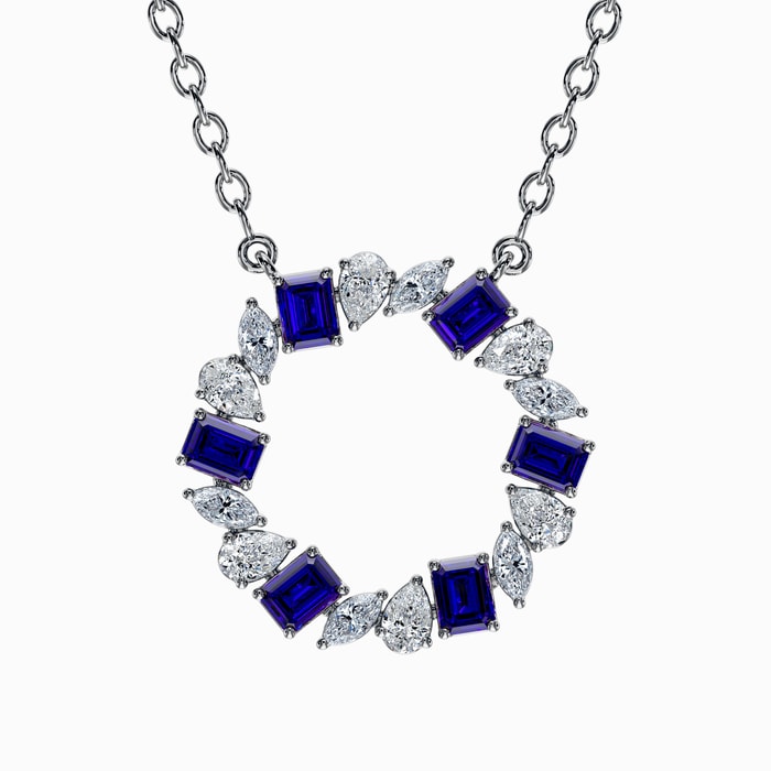 Multishape Lab Diamond and Blue Sapphire Circle Pendant in White Gold