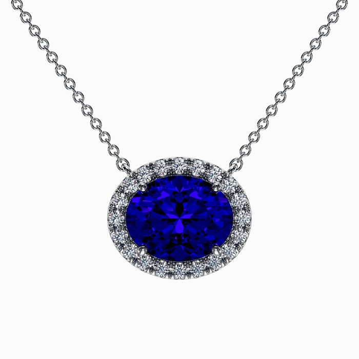 Oval Blue Sapphire and Lab Diamond Halo Pendant in White Gold