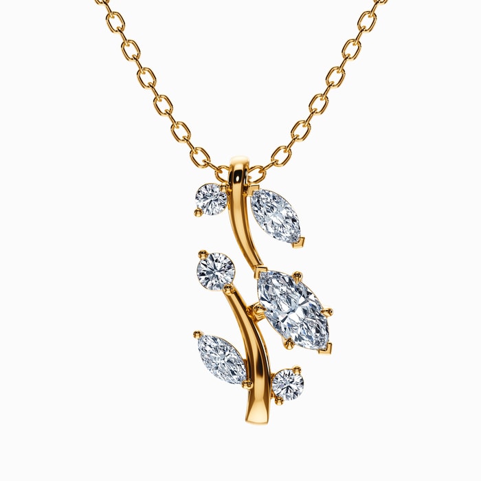 Round and Marquise Lab Diamond Leaf Pendant in Yellow Gold (1.50 Carat)