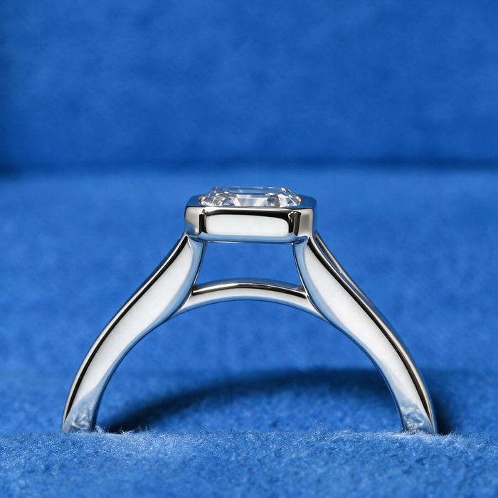 1.00 Carat Emerald Diamond Floating Bezel Cathedral Solitaire Engagement Ring in White Gold