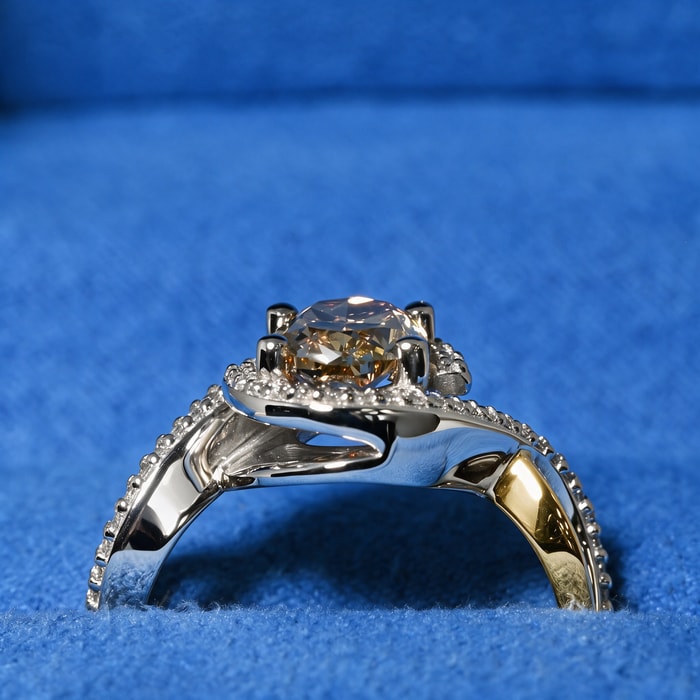 2.01 Carat Oval Fancy Brown Diamond Split Shank Bypass Engagement Ring in Platinum and Yellow Gold