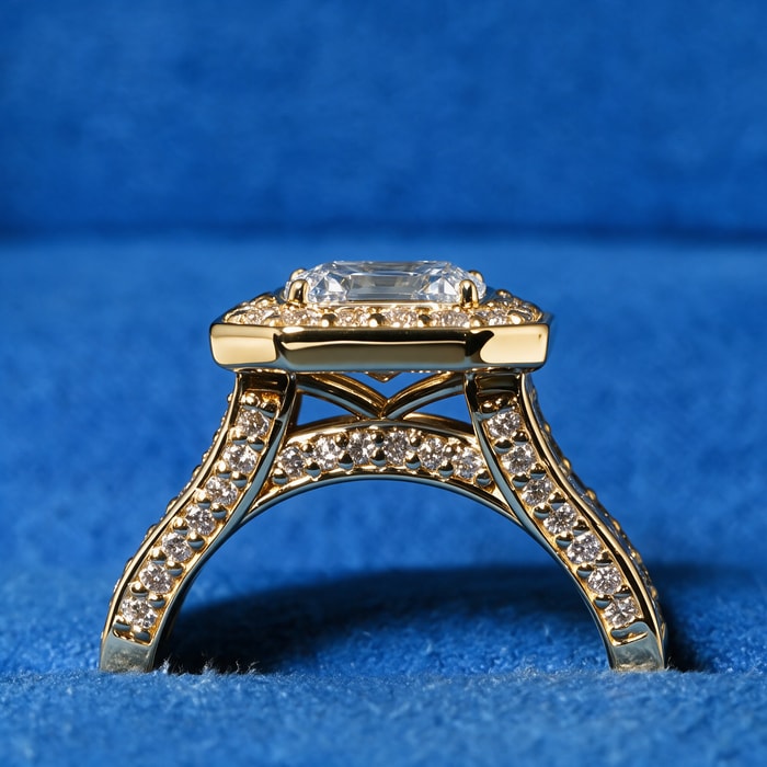 2.09 Carat Lab Emerald Diamond Luxury Triple Row Diamond Halo Engagement Ring in Yellow Gold