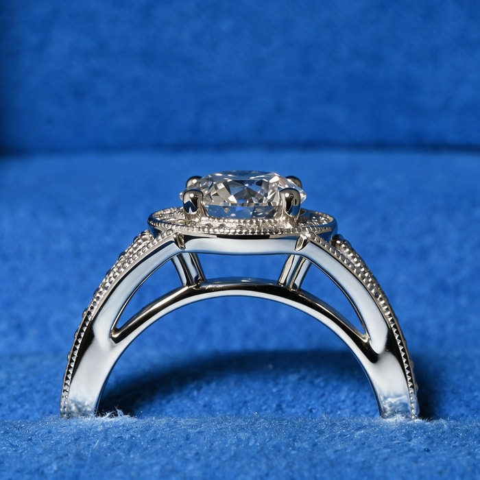 2.20 Carat Lab Round Diamond Vintage Style Milgrain Halo Engagement Ring in White Gold