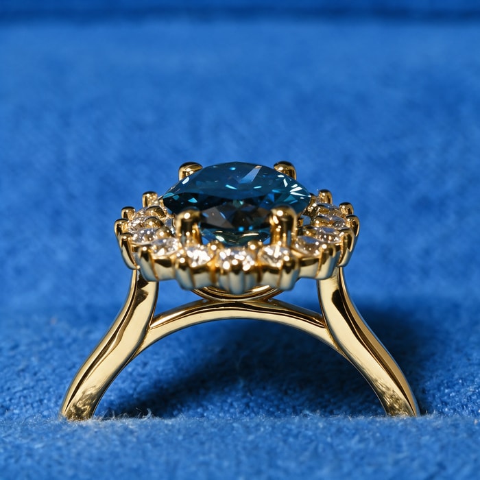 2.50 Carat Lab Oval Fancy Deep Blue Diamond Aurora Diamond Engagement Ring in Yellow Gold