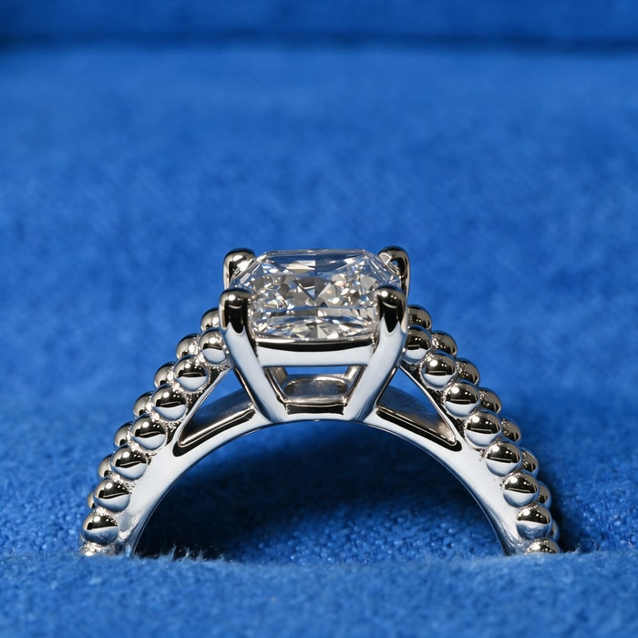 2.57 Carat Lab Cushion Diamond Beaded Pave Diamond Engagement Ring in Platinum