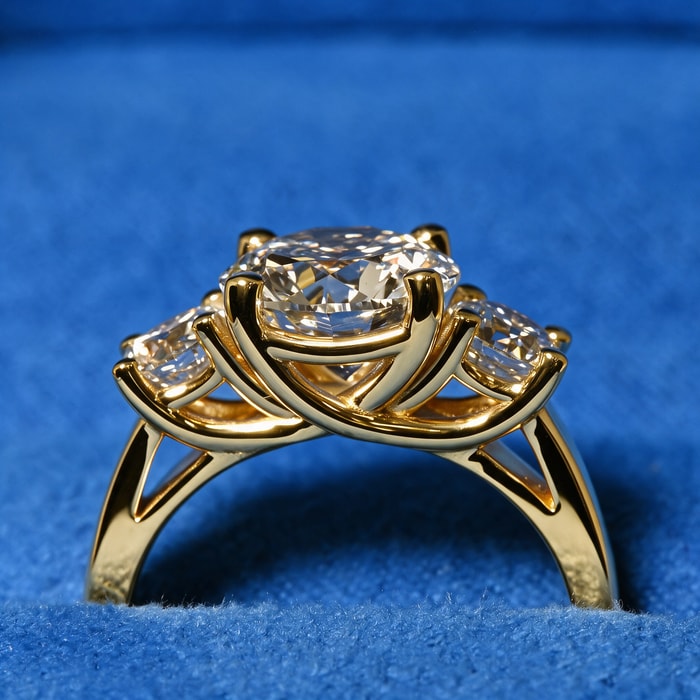 3.10 Carat Lab Round Diamond Three Stone Trellis Diamond Engagement Ring Setting In Yellow Gold