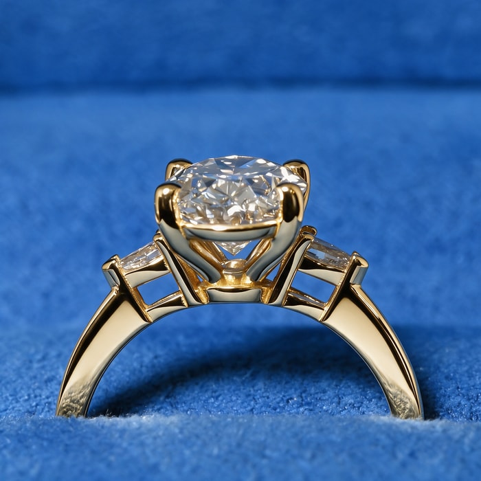 3.53 Carat Lab Oval Diamond Three Stone Pear Cut Diamond Ring in Yellow Gold (0.24 Carat)
