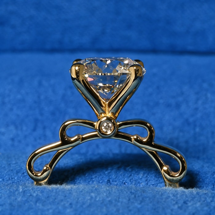 3.94 Carat Lab Round Diamond Ribbon Style Engagement Ring in Yellow Gold