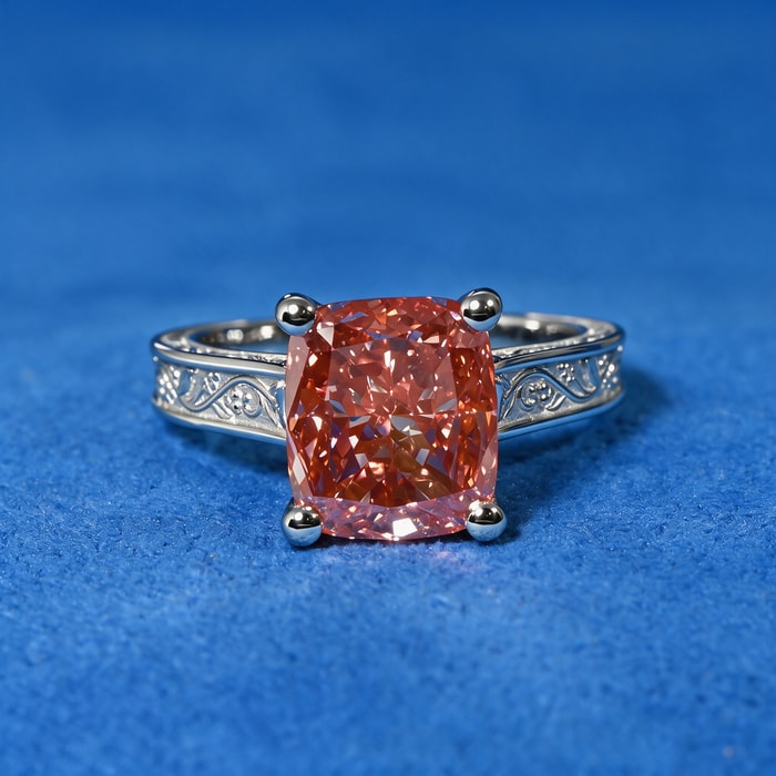 5.01 Carat Lab Cushion Fancy Vivid  Pink Diamond Antique Solitaire Engagement Ring in Platinum