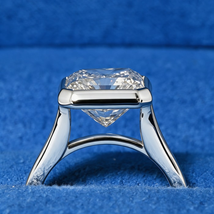 6.29 Carat Lab Radiant Diamond Floating Bezel Cathedral Solitaire Engagement Ring in White Gold