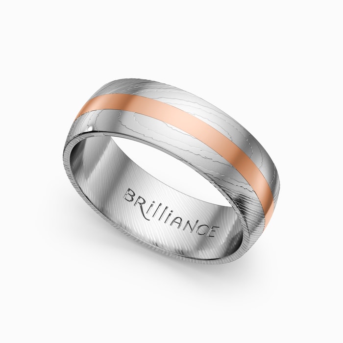 Rose Gold Inlay Mens Wedding Band In Damascus Steel