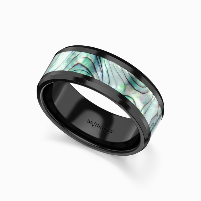 Aurora - Men's Wedding Ring with Abalone Shell Inlay in Black Ceramic