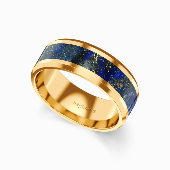 Beveled Men's Wedding Ring with Blue Lapis Lazuli Inlay in Yellow Gold