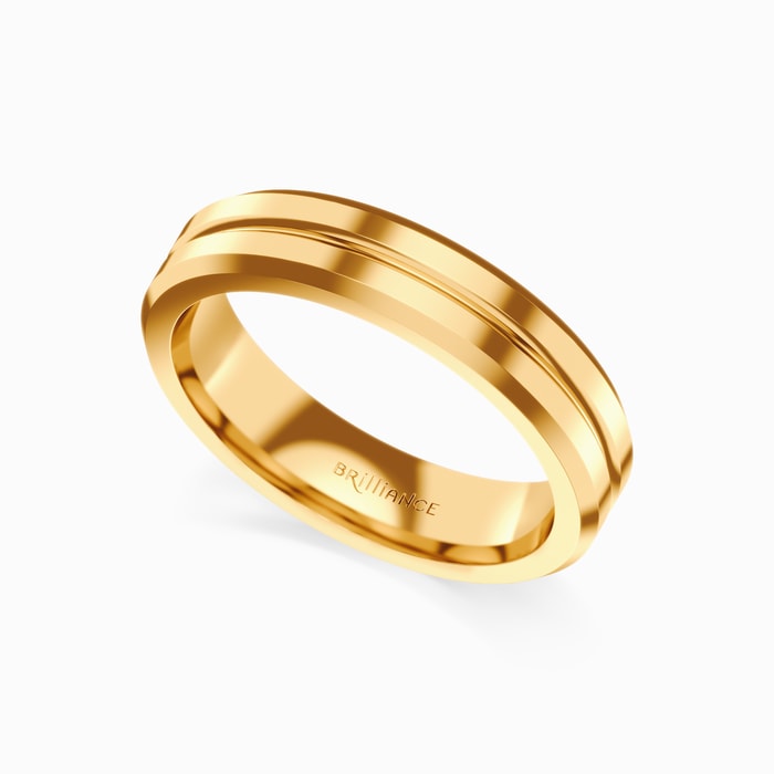 Beveled Edge Men's Wedding Ring with Centered Groove in Yellow Gold (5 mm)