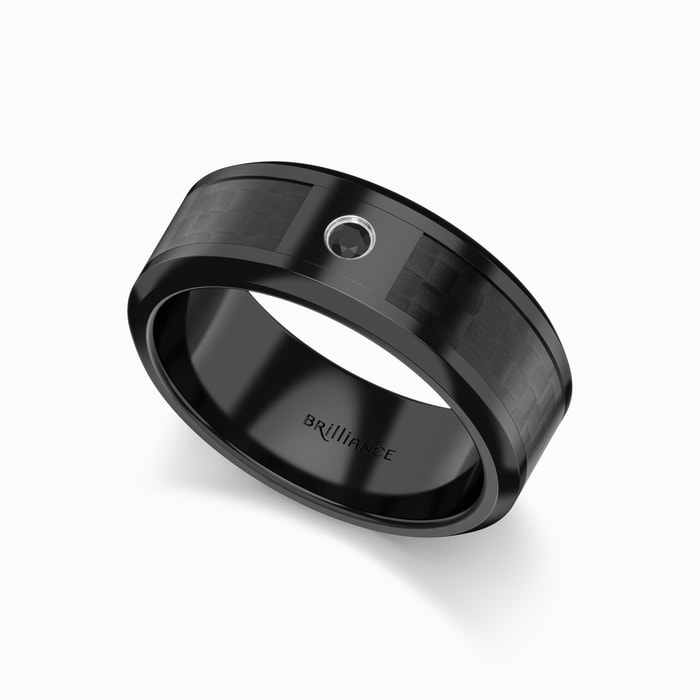Men's Diamond Wedding Ring with Carbon Fiber Inlay in Black Ceramic