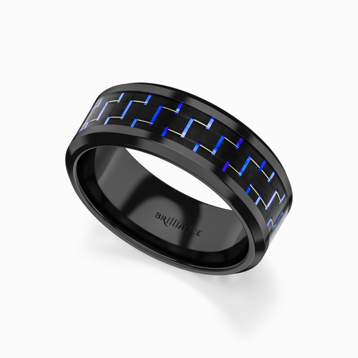 Men's Wedding Ring with Black & Blue Carbon Fiber Inlay in Black Ceramic (8 mm)
