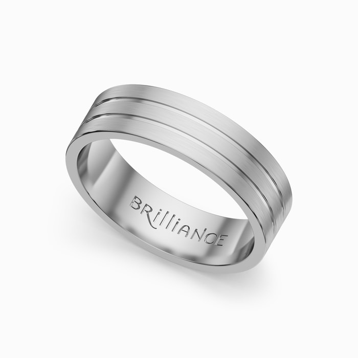 Satin Mens Wedding Ring In White Gold With Carved Grooves