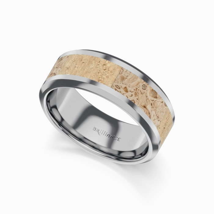 Cenomania - Men's Wedding Ring with White Dinosaur Bone Inlay in Tungsten