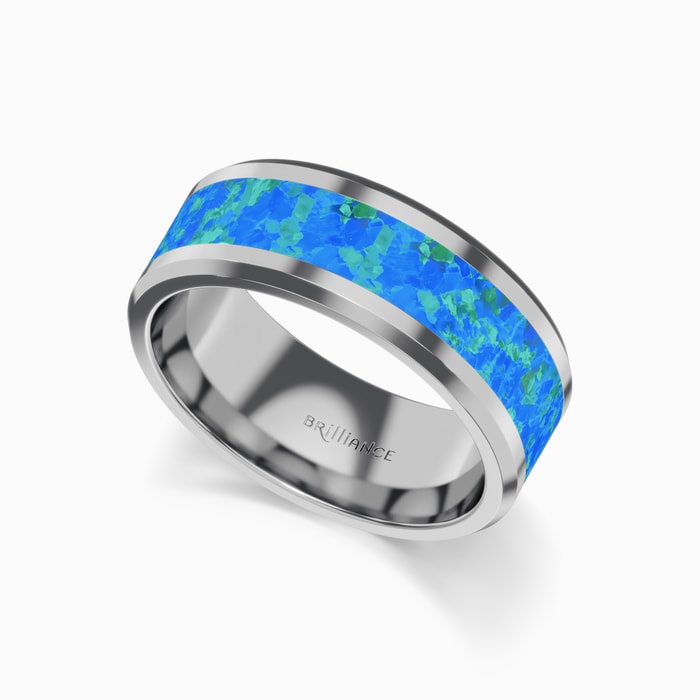 Cerulean - Men's Wedding Ring with Blue Green Opal Inlay in Tungsten