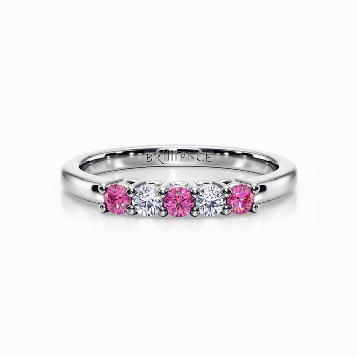 Five Stone Pink Sapphire and Diamond Wedding Ring in Platinum (0.32 Carat)