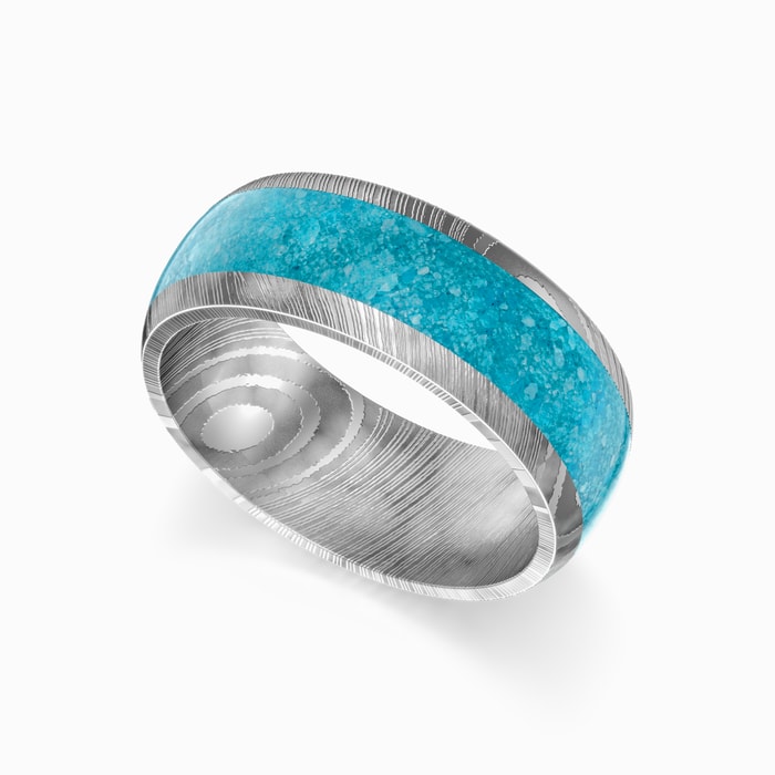Frozen River - Men's Wedding Ring with Turquoise Inlay in Damascus Steel