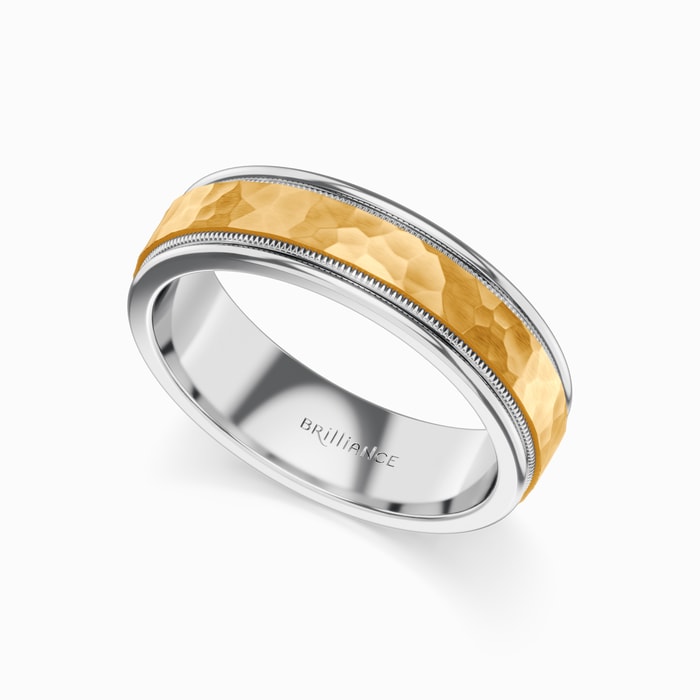 Two Tone Men's Hammered Wedding Ring in White Gold