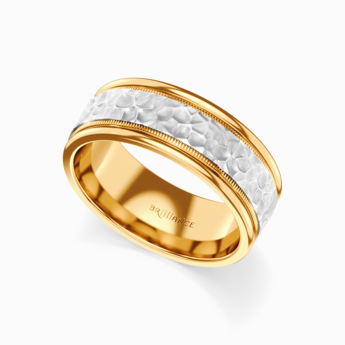 Two-Tone Hammered Men's Wedding Ring in Yellow Gold