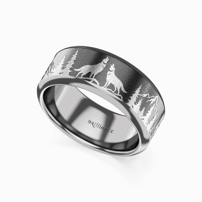 Howl - Wolf and Forest Pattern Men's Wedding Ring in Titanium (9 mm)