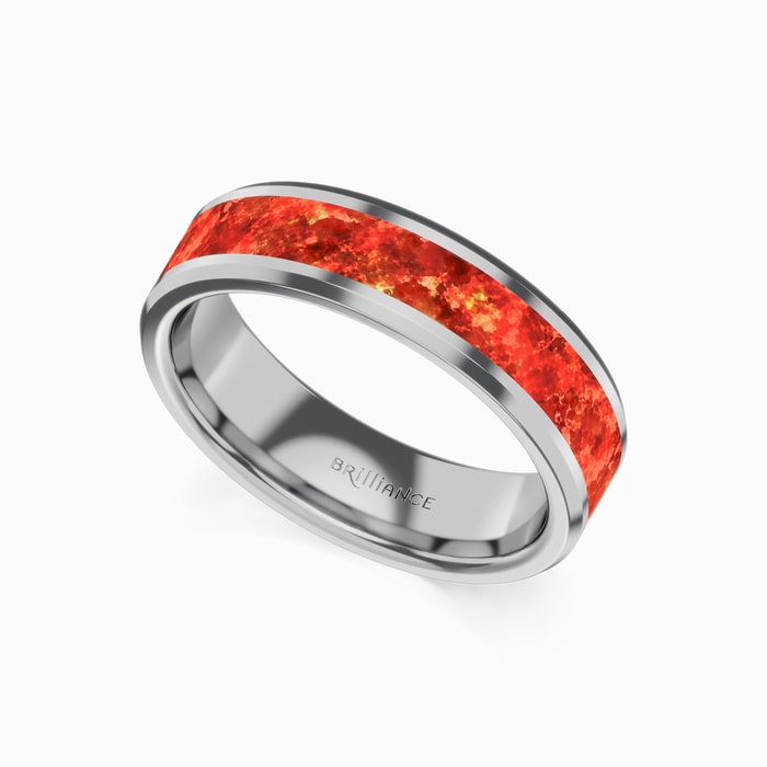 Lava Flow - Men's Wedding Ring with Red Opal Inlay in Tungsten (6 mm)