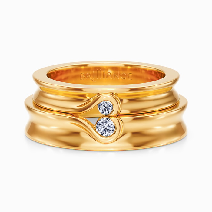 Matching Bezel Heart Concave Diamond Wedding Ring Set in Yellow Gold