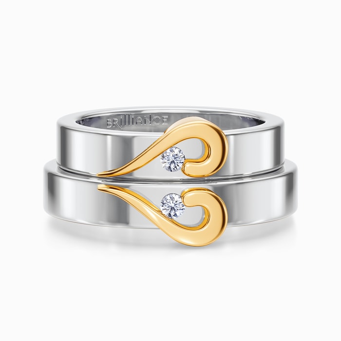 Matching Curled Heart Diamond Wedding Ring Set in Platinum and Yellow Gold