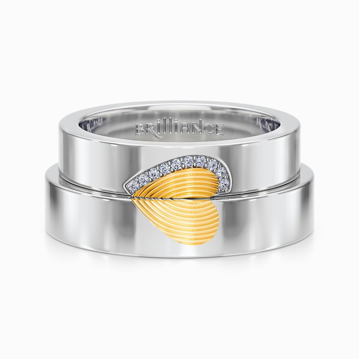 Matching Heart Fingerprint Inlay Wedding Ring Set in Platinum and Yellow Gold