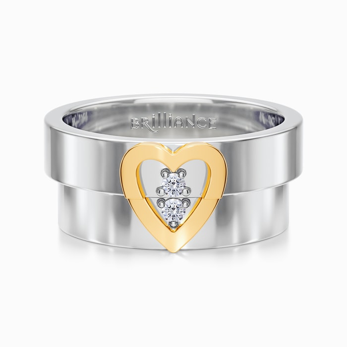 Matching Split Heart Diamond Wedding Ring Set in Platinum and Yellow Gold