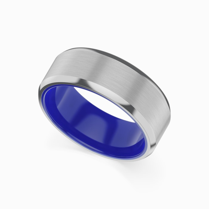 Omega - Men's Wedding Ring with Blue Ceramic Sleeve in Tungsten
