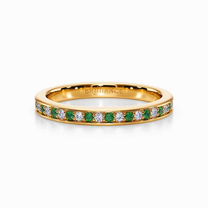 Pave Diamond and Emerald Wedding Ring in Yellow Gold