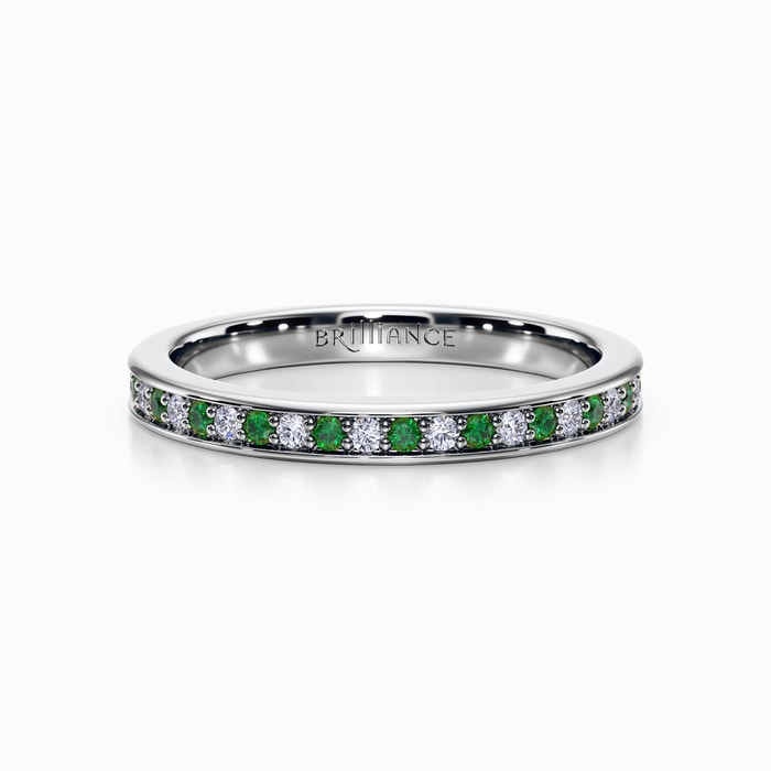 Pave Diamond and Emerald Wedding Ring in White Gold