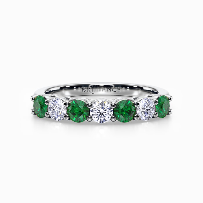 Seven Stone Diamond and Emerald Ring in White Gold
