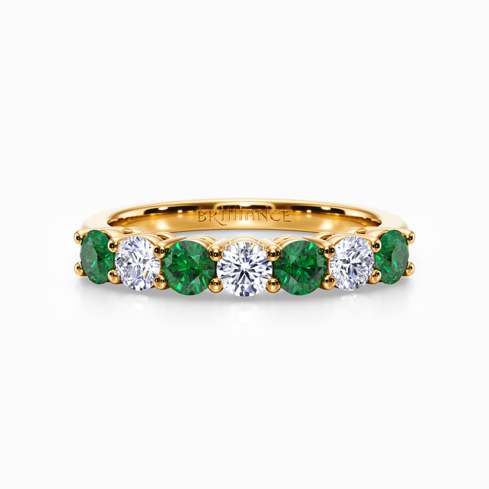 Seven Stone Diamond and Emerald Ring in Yellow Gold
