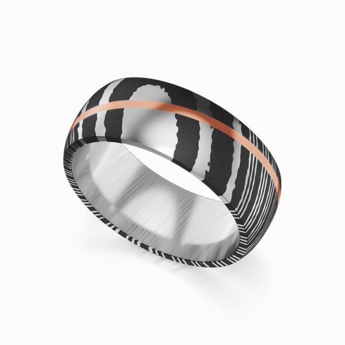 Visionary - Men's Wedding Ring with Rose Gold Inlay in Damascus Steel (8 mm)