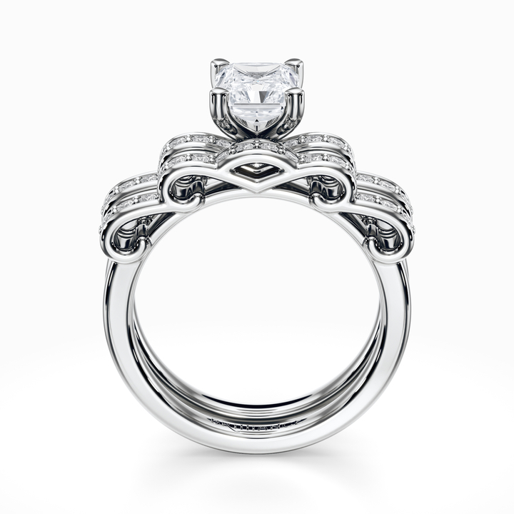Cinderella Engagement Ring and Wedding Band Set In Platinum