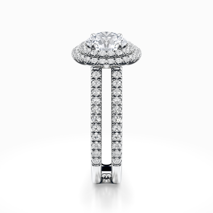 Double Halo Split Shank Engagement Ring in White Gold