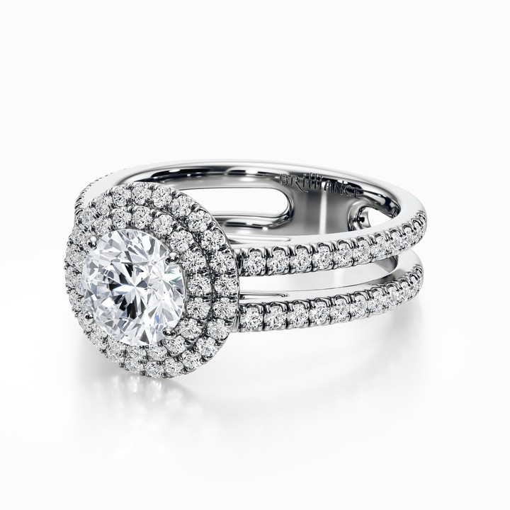 Double Halo Split Shank Engagement Ring in White Gold