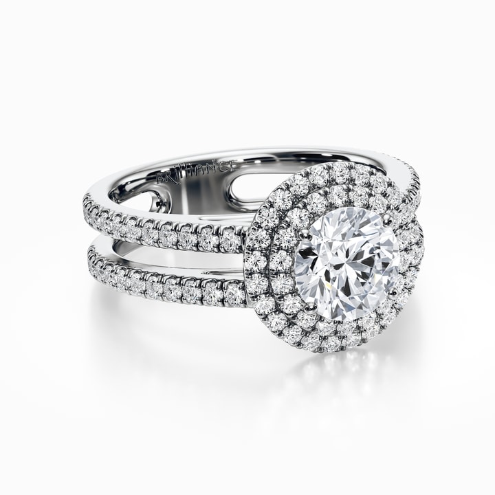 Double Halo Split Shank Engagement Ring in White Gold