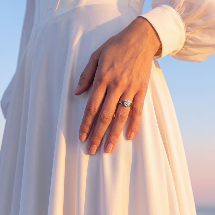 dress engagement rings Emerald Side Stone Ring in White Gold NBD Lynette Mini Dress perm-md-under30 t.w.) round cut diamond SIZE:Small cup C Gold